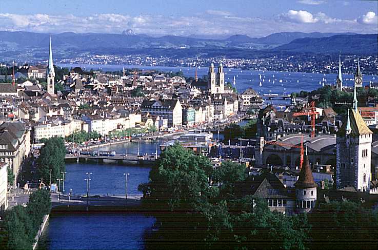 City of Zurich with Lake of Zurich and Swiss Alps